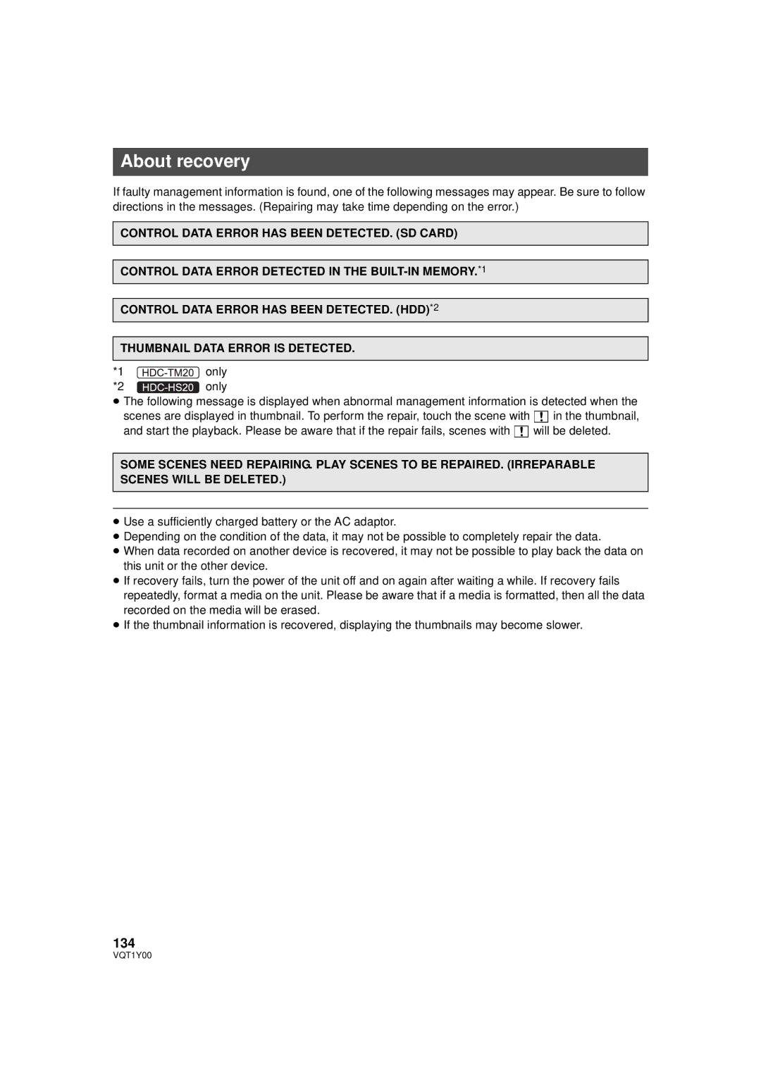 Panasonic HDC-TM20PC, HDC-SD20PC, HDC-HS20PC operating instructions About recovery, 134 