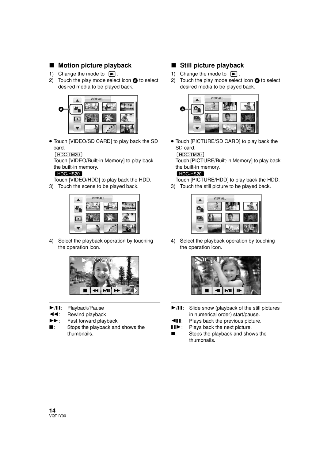 Panasonic HDC-TM20PC, HDC-SD20PC, HDC-HS20PC operating instructions Motion picture playback, Still picture playback 