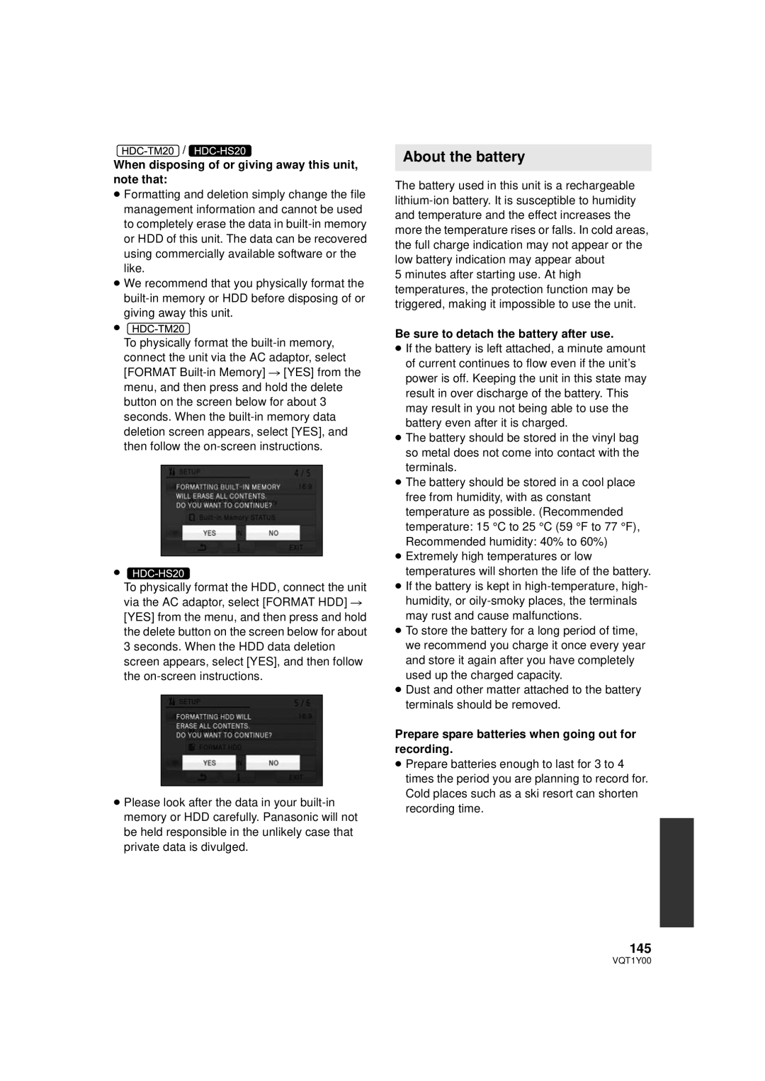 Panasonic HDC-SD20PC, HDC-TM20PC, HDC-HS20PC About the battery, 145, When disposing of or giving away this unit, note that 