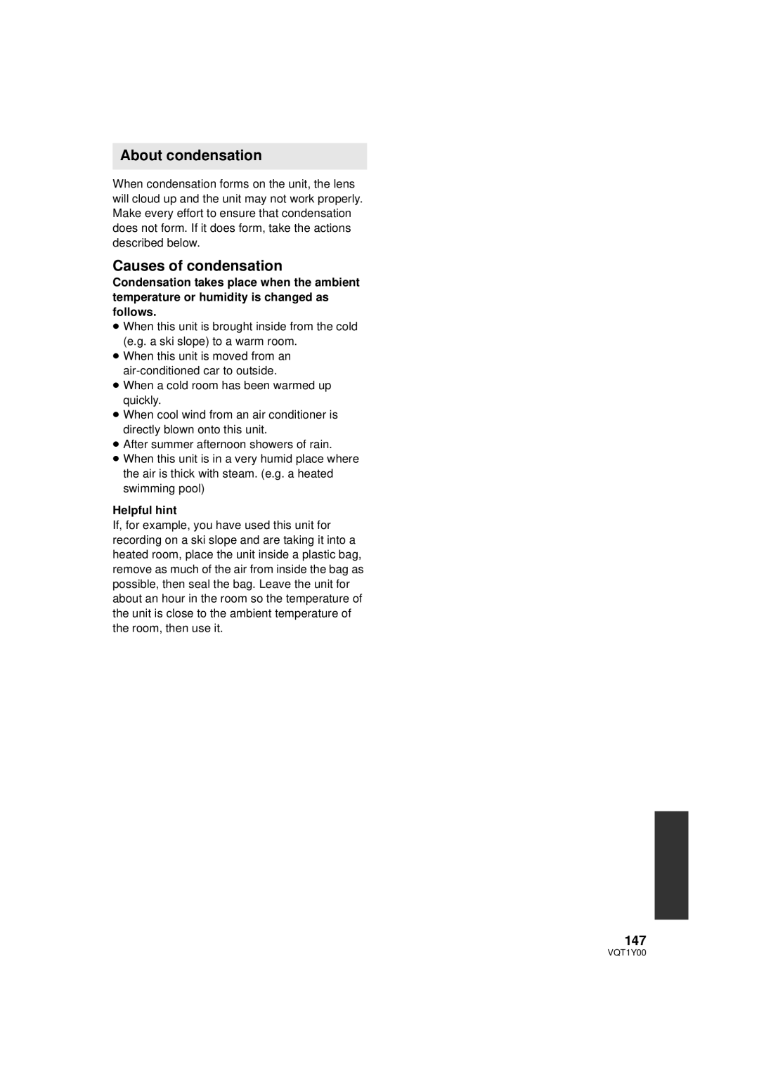 Panasonic HDC-SD20PC, HDC-TM20PC, HDC-HS20PC About condensation, Causes of condensation, 147, Helpful hint 