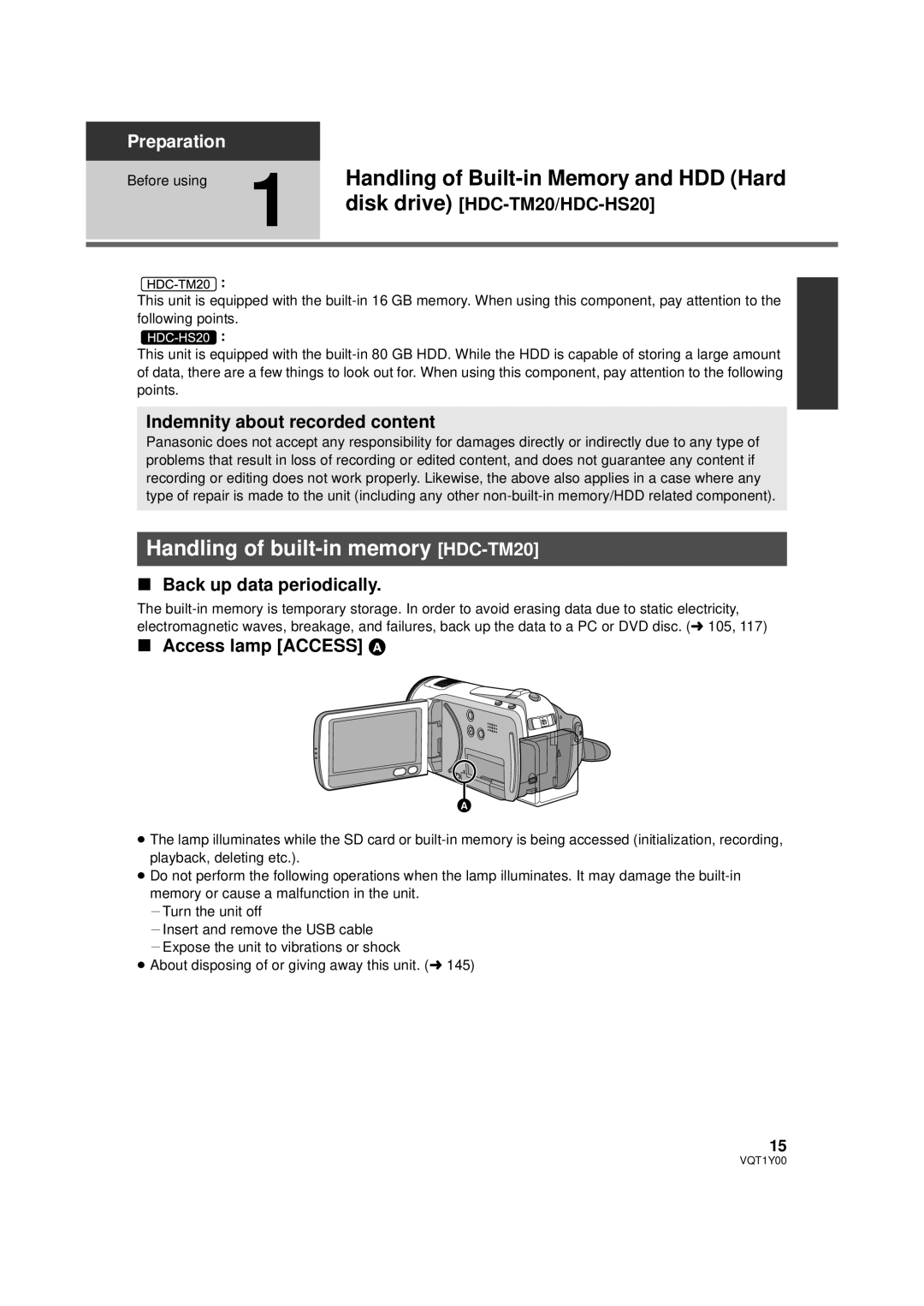 Panasonic HDC-TM20P Handling of built-in memory HDC-TM20, Disk drive HDC-TM20/HDC-HS20, Indemnity about recorded content 