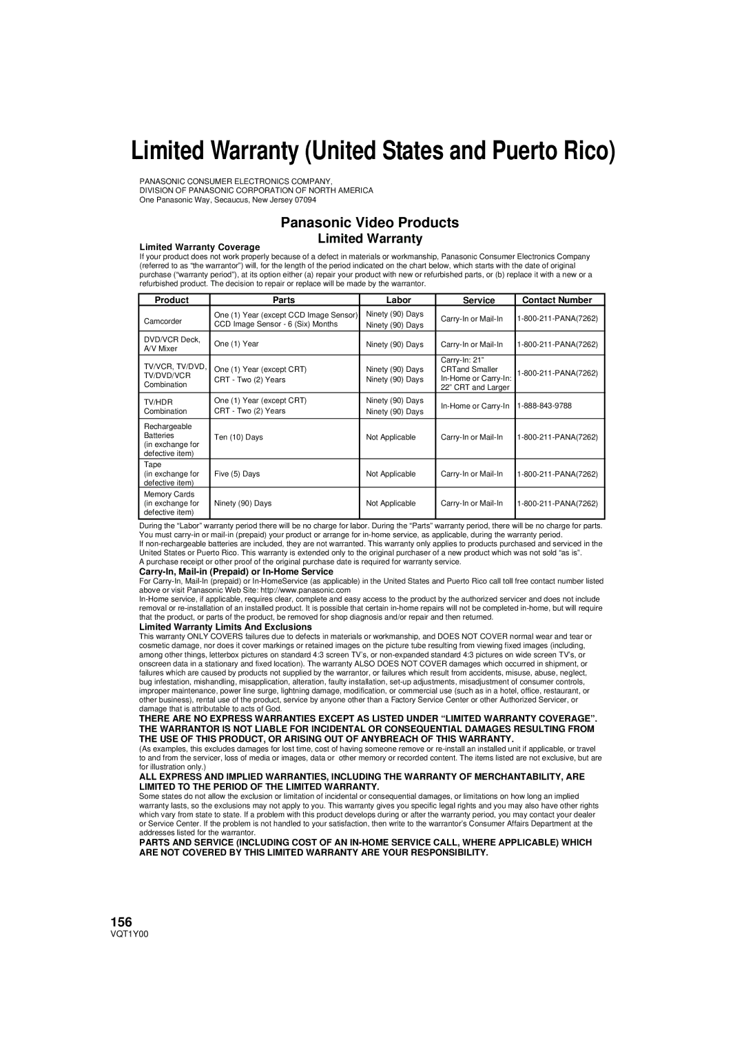 Panasonic HDC-SD20PC, HDC-TM20PC, HDC-HS20PC operating instructions Panasonic Video Products, Limited Warranty, 156 