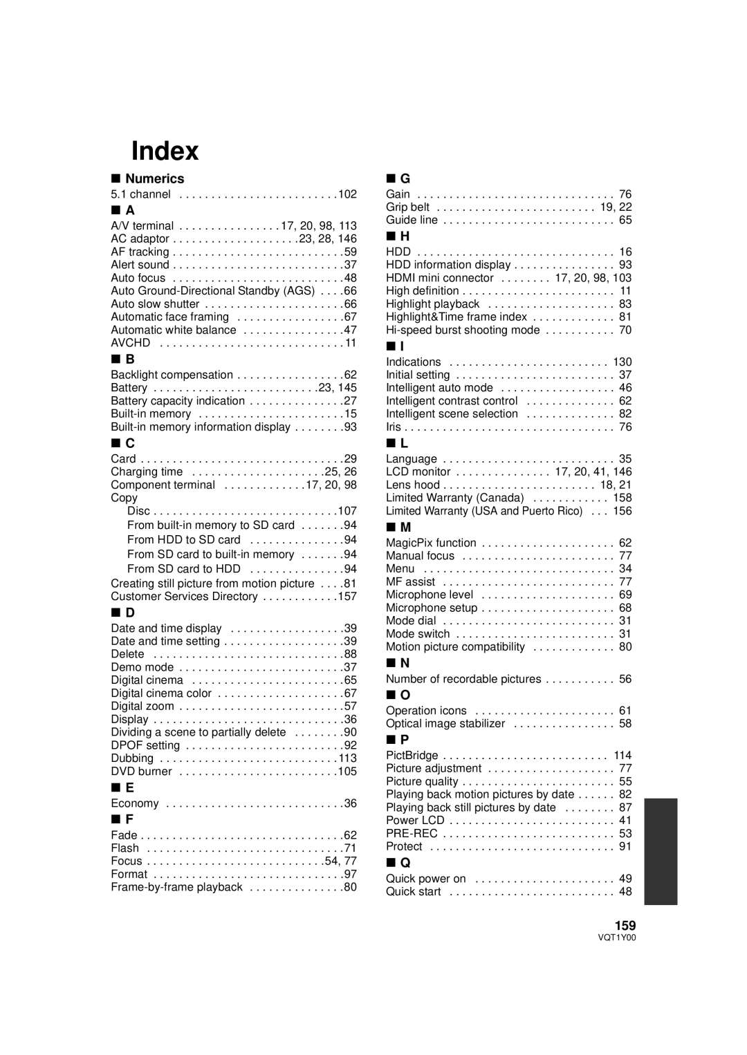 Panasonic HDC-SD20PC, HDC-TM20PC, HDC-HS20PC operating instructions Index, Numerics, 159 