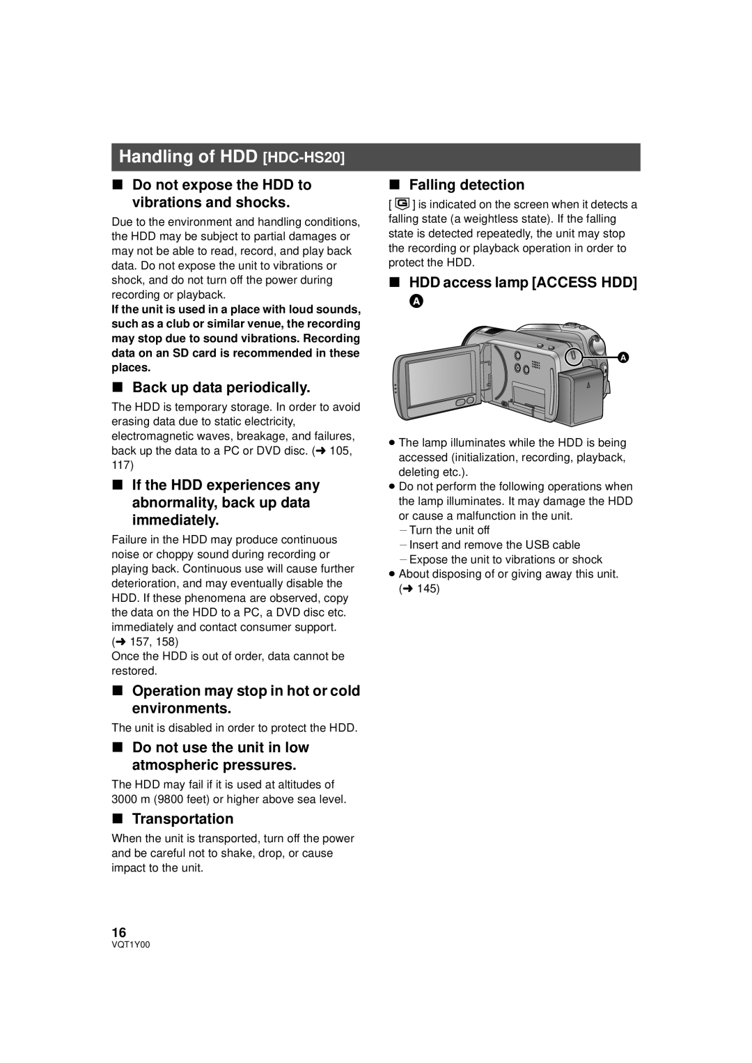 Panasonic HDC-HS20PC, HDC-SD20PC, HDC-TM20PC operating instructions Handling of HDD HDC-HS20 