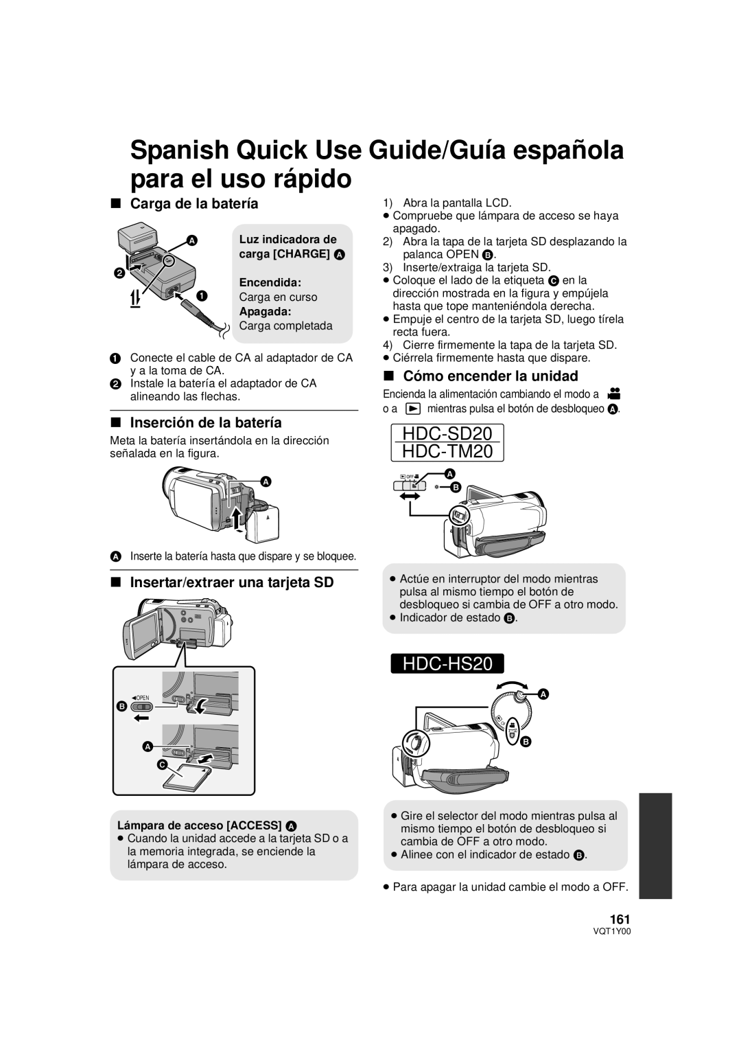 Panasonic HDC-HS20P Spanish Quick Use Guide/Guía española para el uso rápido, Carga de la batería, Inserción de la batería 