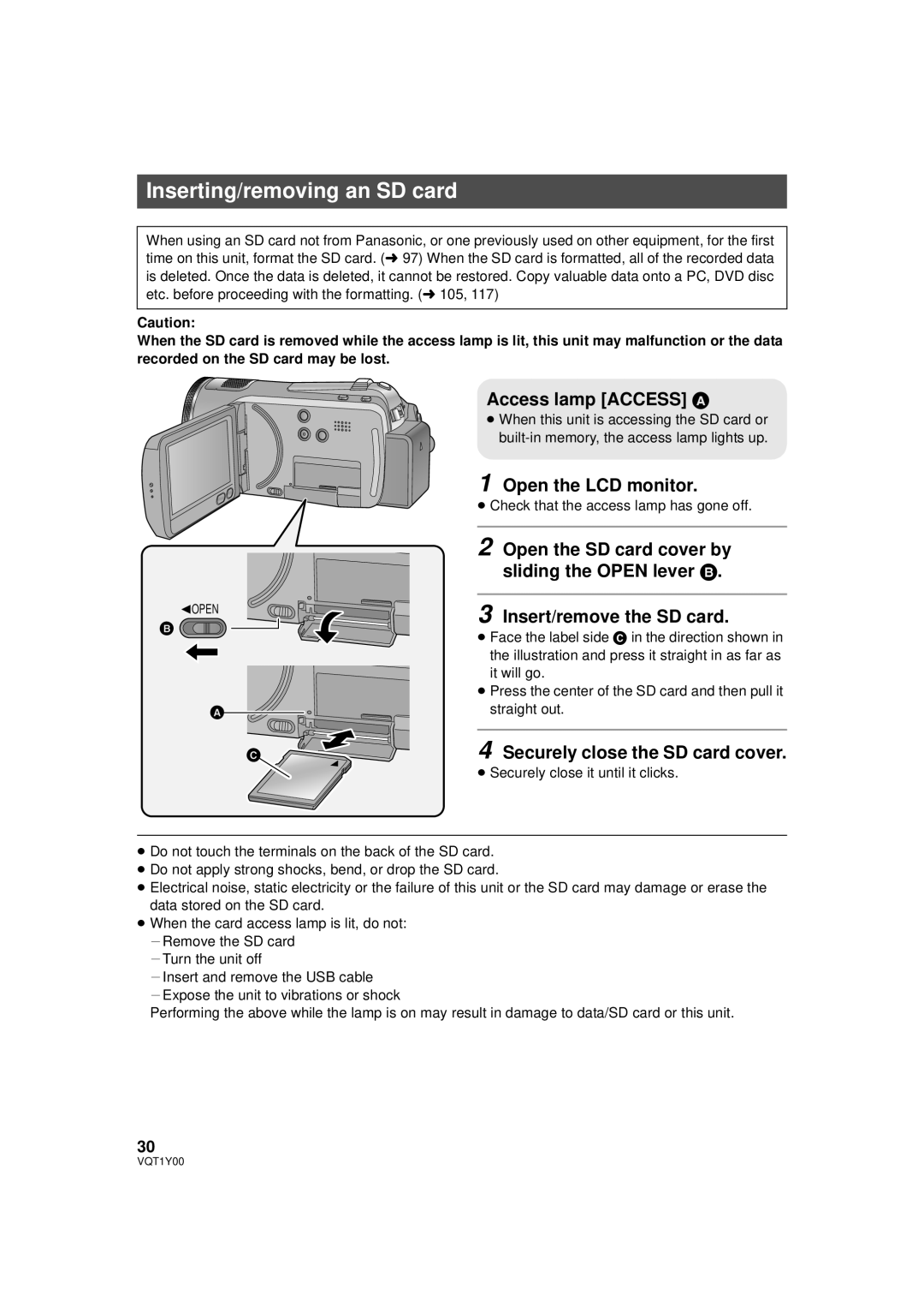 Panasonic HDC-SD20PC, HDC-TM20PC Inserting/removing an SD card, Open the LCD monitor, Insert/remove the SD card 