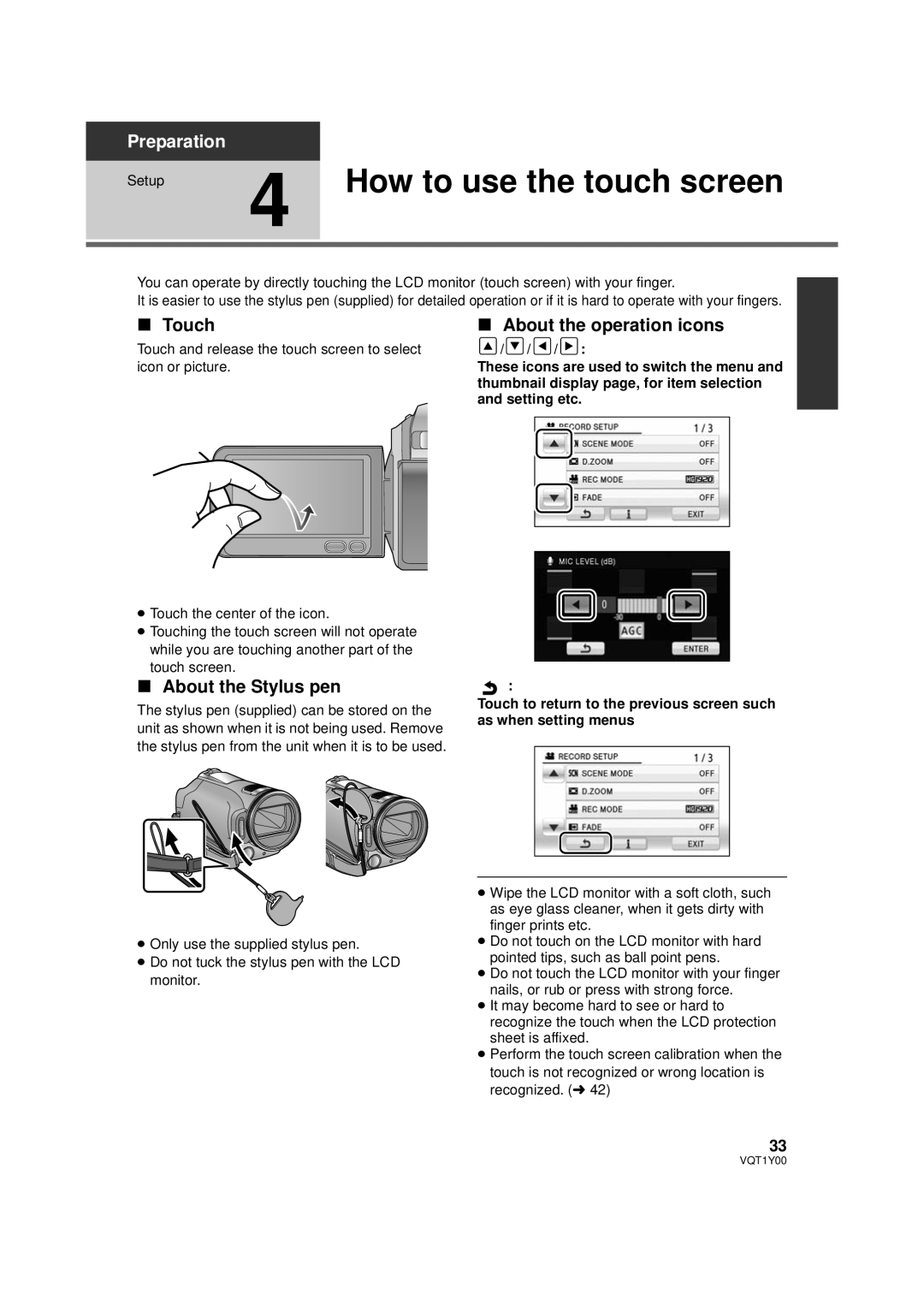 Panasonic HDC-TM20P, HDC-SD20P How to use the touch screen, Touch, About the Stylus pen, About the operation icons 