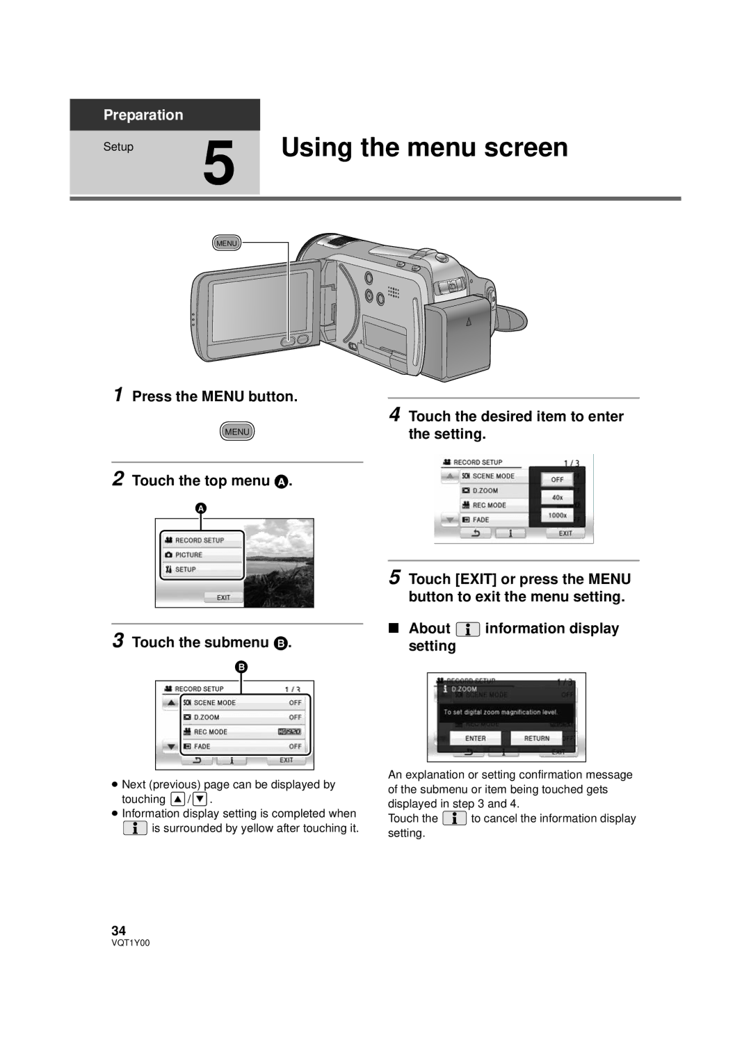 Panasonic HDC-HS20PC, HDC-SD20PC, HDC-TM20PC operating instructions Using the menu screen, Press the Menu button 