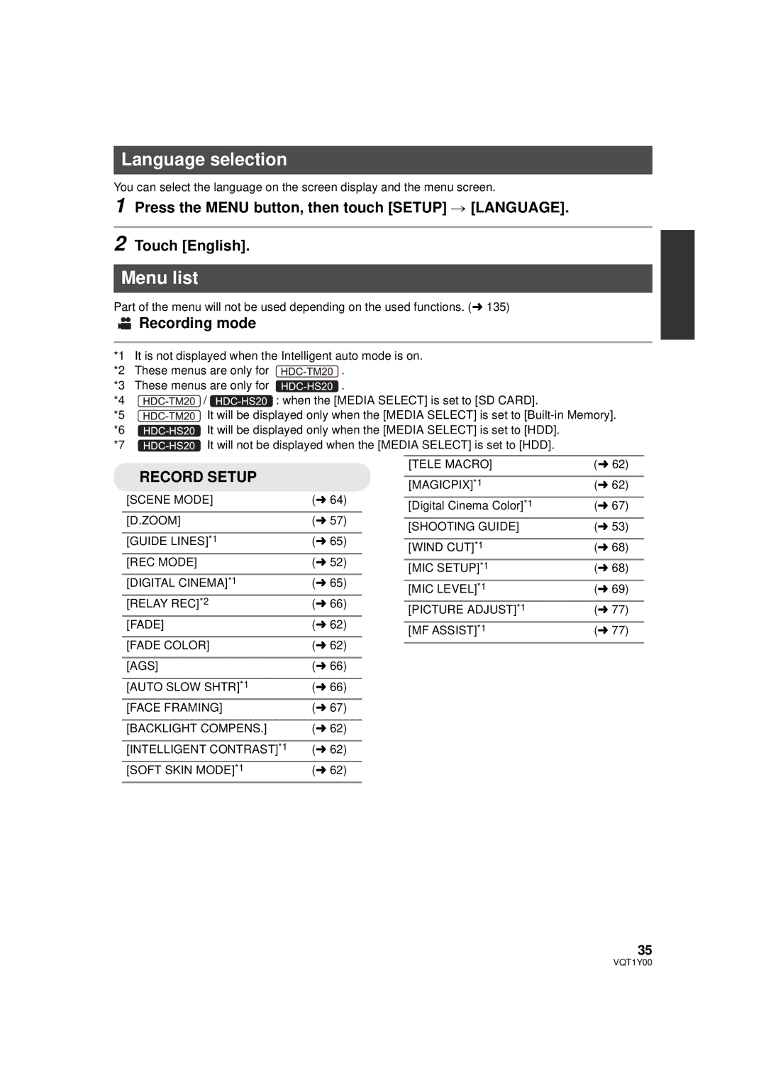 Panasonic HDC-SD20PC, HDC-TM20PC, HDC-HS20PC operating instructions Language selection, Menu list, Recording mode 