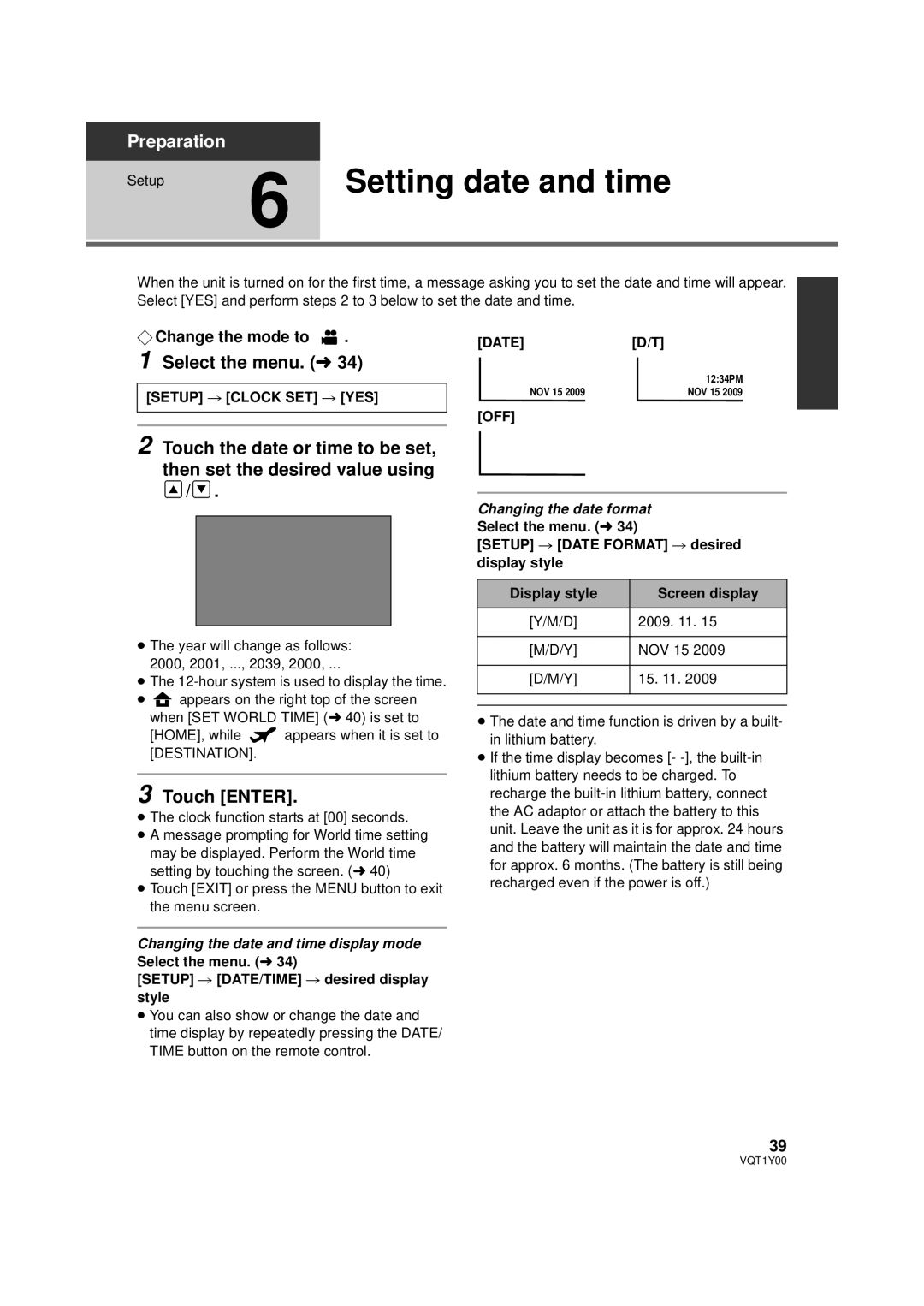 Panasonic HDC-SD20PC, HDC-TM20PC Setting date and time, Select the menu. l, Touch Enter, ¬ Change the mode to 