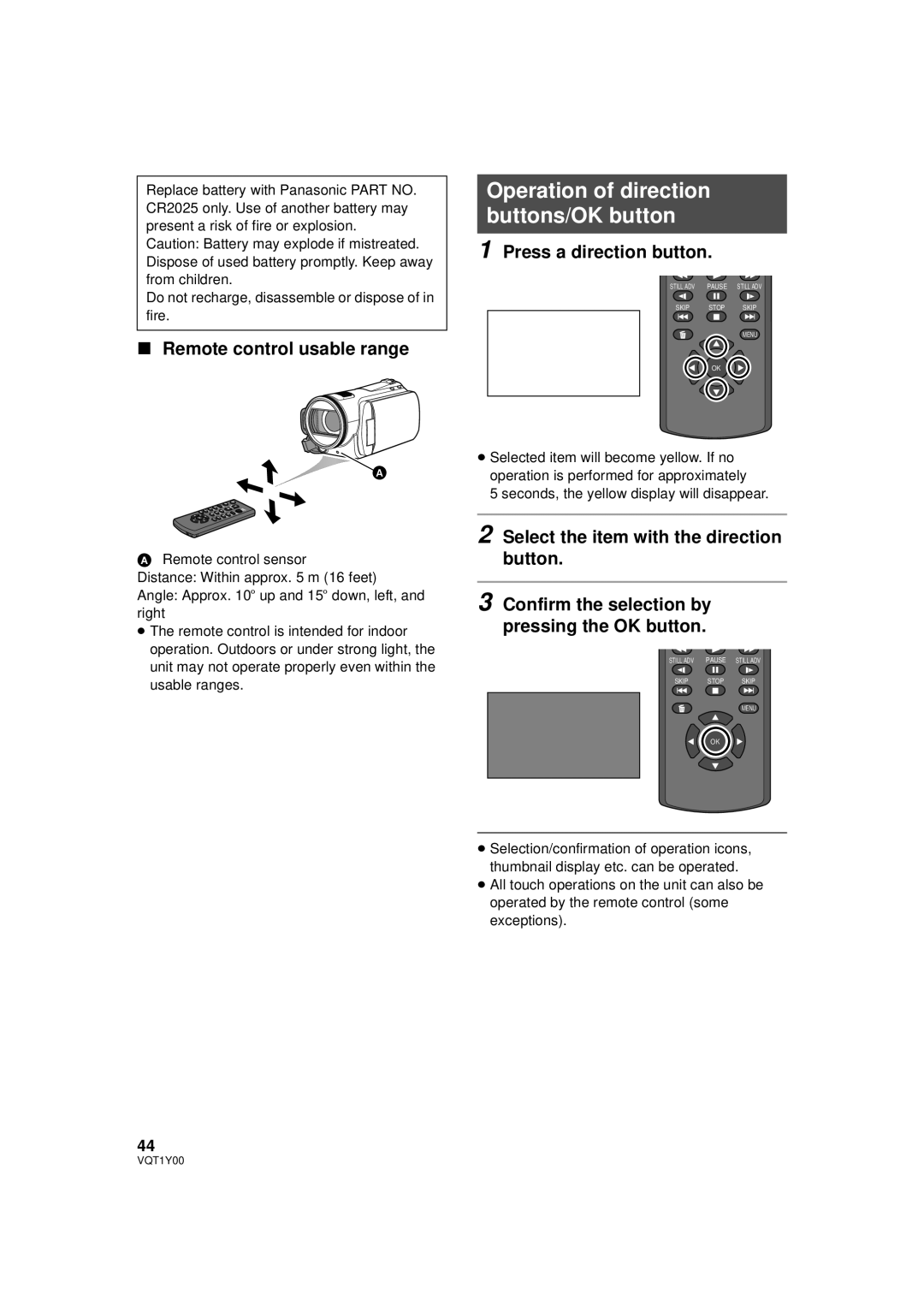 Panasonic HDC-TM20PC Operation of direction buttons/OK button, Remote control usable range, Press a direction button 