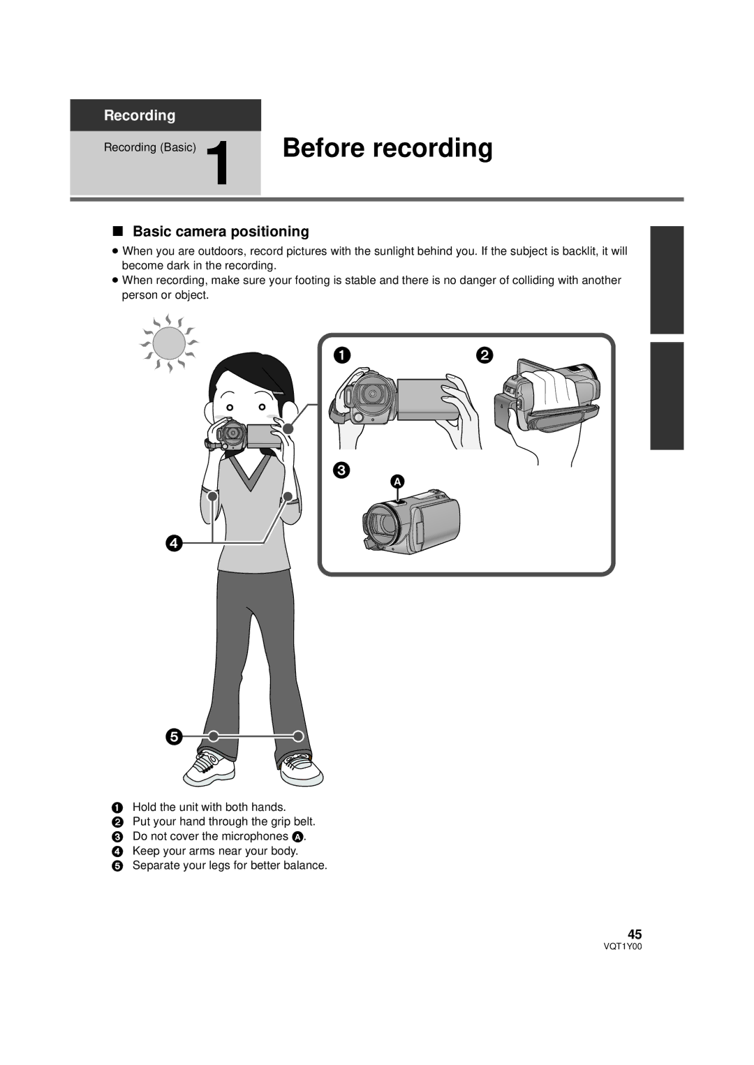 Panasonic HDC-SD20PC, HDC-TM20PC, HDC-HS20PC operating instructions Before recording, Basic camera positioning 