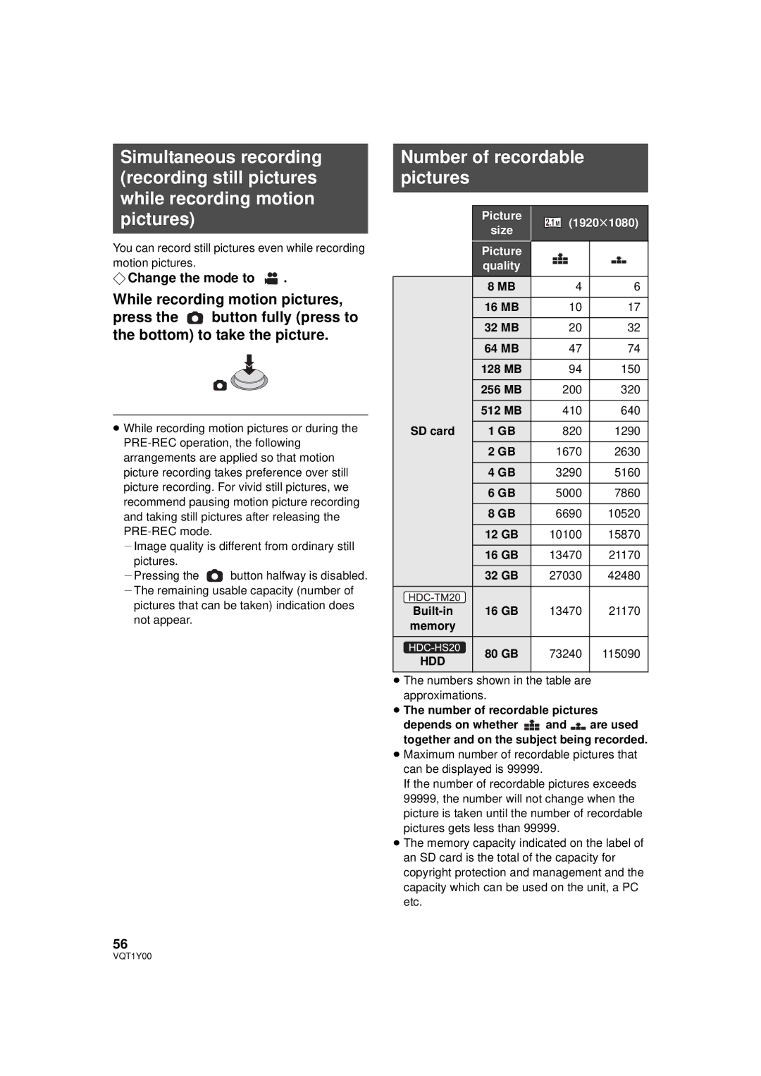 Panasonic HDC-TM20PC, HDC-SD20PC, HDC-HS20PC Number of recordable pictures, ≥ The number of recordable pictures 