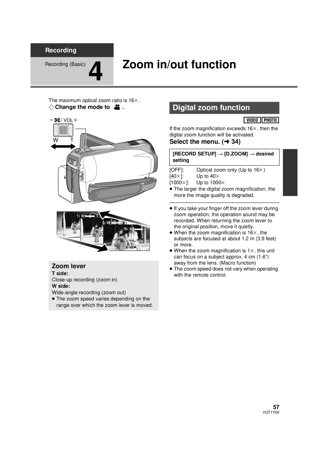 Panasonic HDC-TM20P, HDC-SD20PC Recording Basic 4 Zoom in/out function, Digital zoom function, Zoom lever, Side 