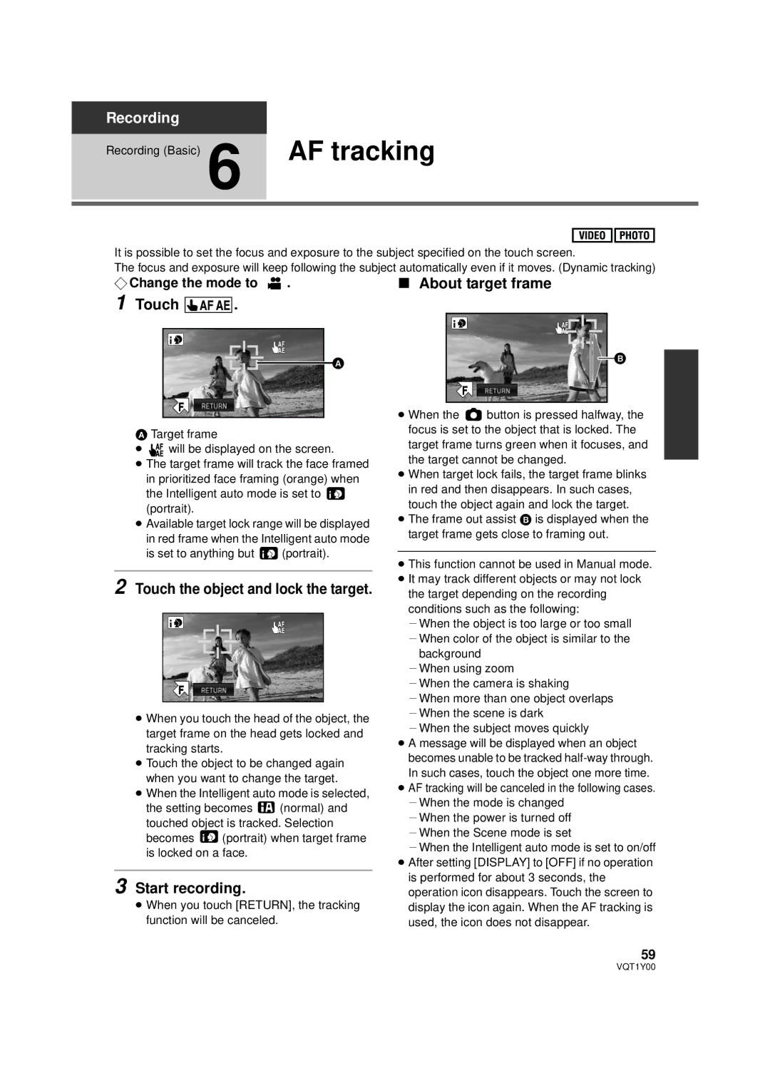 Panasonic HDC-HS20P About target frame, Touch the object and lock the target, Start recording, ¬Change the mode to 