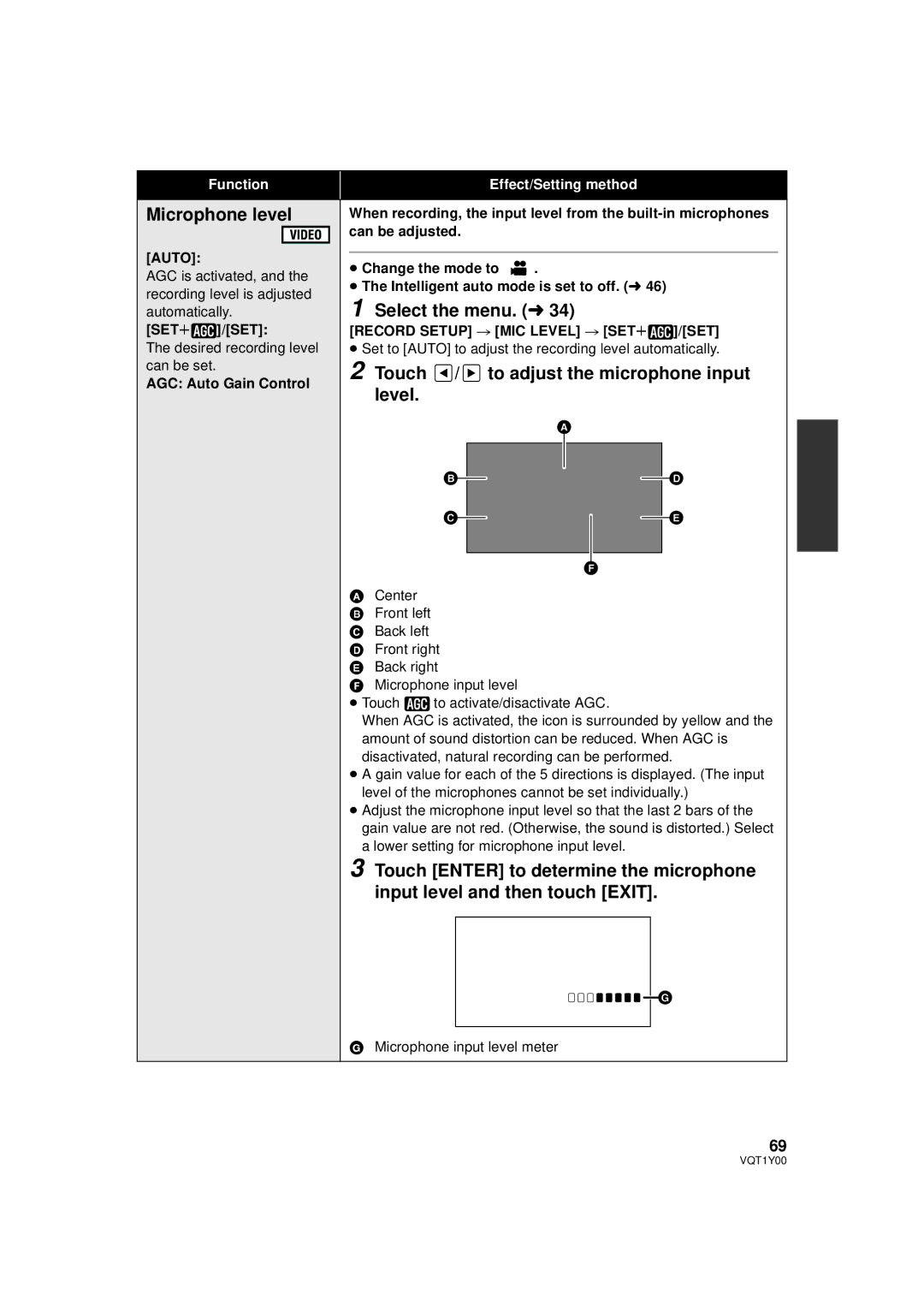 Panasonic HDC-TM20P, HDC-SD20PC Microphone level, Touch / to adjust the microphone input level, Auto, SETr /SET 