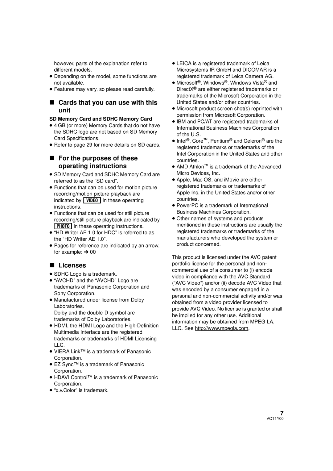 Panasonic HDC-SD20PC Cards that you can use with this unit, For the purposes of these operating instructions, Licenses 