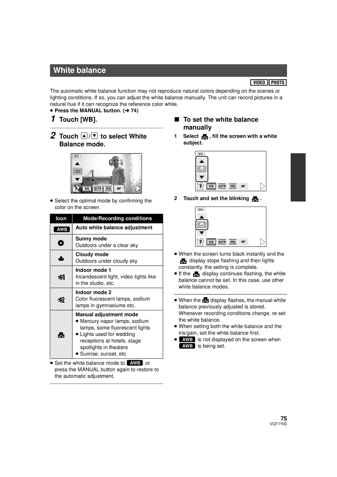 Panasonic HDC-SD20PC, HDC-TM20PC, HDC-HS20PC operating instructions White balance 