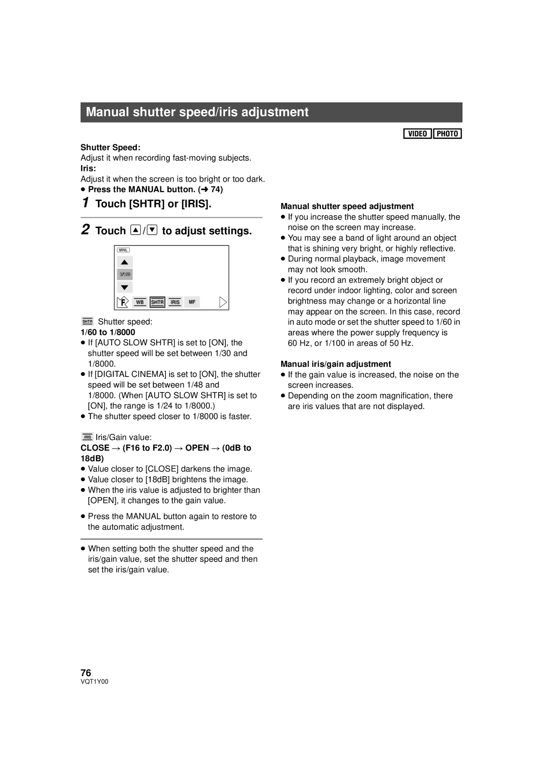 Panasonic HDC-HS20PC, HDC-SD20P Manual shutter speed/iris adjustment, Touch Shtr or Iris Touch / to adjust settings 