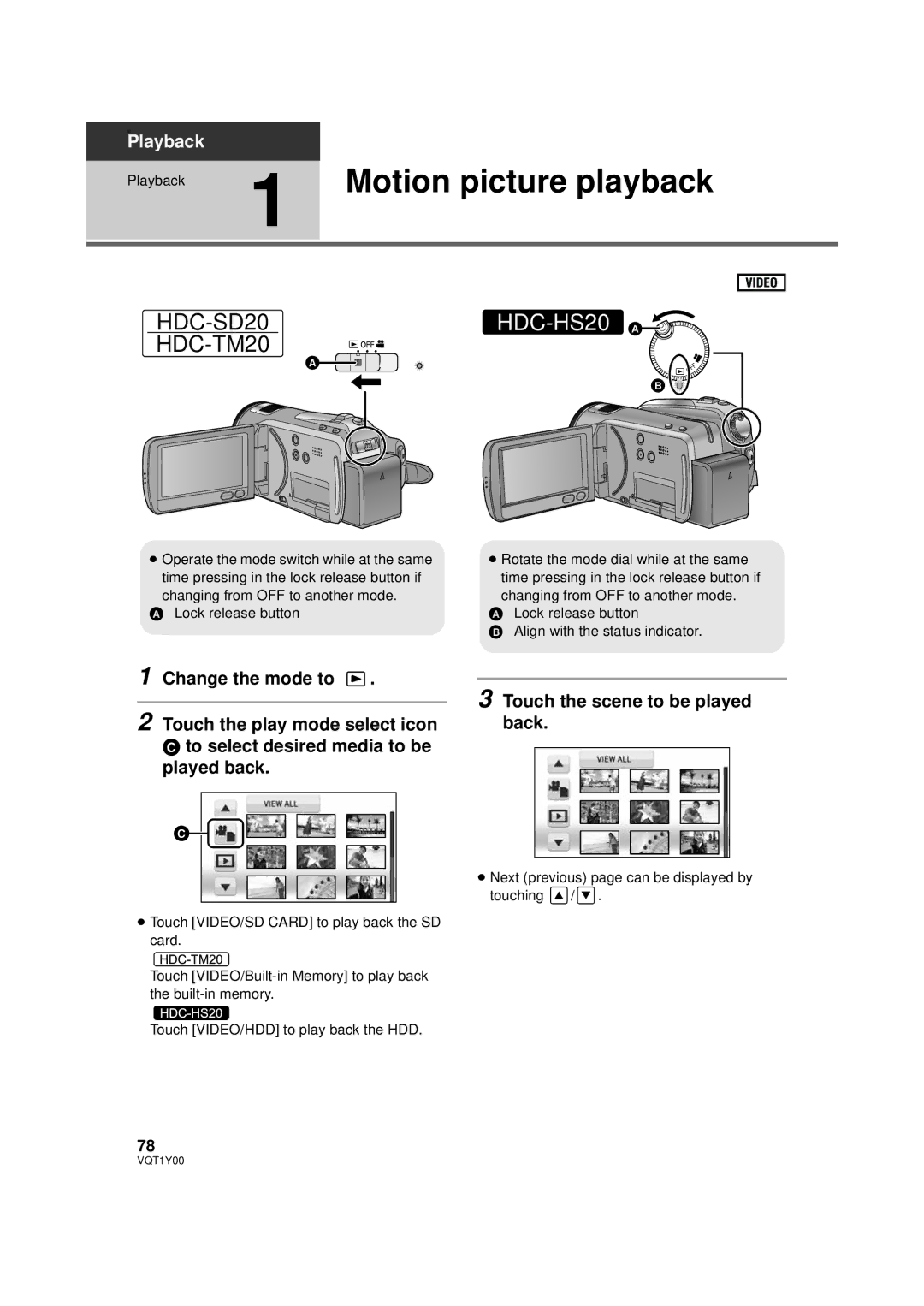 Panasonic HDC-SD20PC, HDC-TM20PC, HDC-HS20PC operating instructions Motion picture playback 