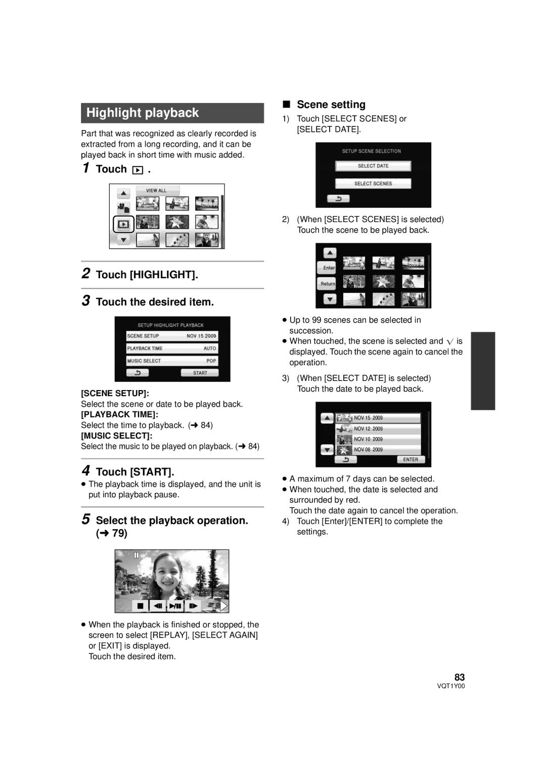 Panasonic HDC-HS20P Highlight playback, Touch Scene setting, Touch Highlight Touch the desired item, Touch Start 