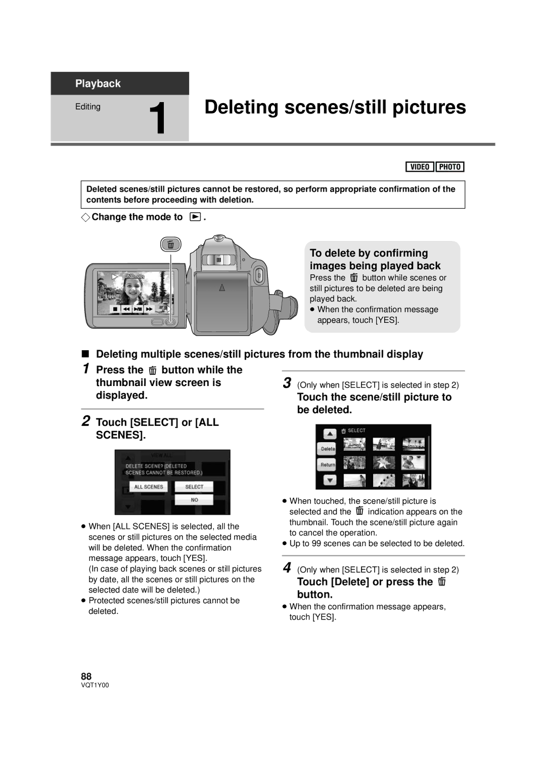 Panasonic HDC-HS20PC, HDC-SD20P, HDC-TM20P Deleting scenes/still pictures, To delete by confirming images being played back 