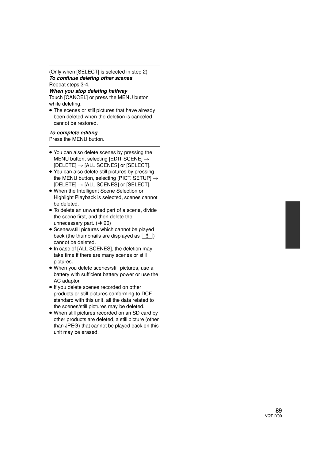 Panasonic HDC-SD20PC, HDC-TM20PC, HDC-HS20PC operating instructions To continue deleting other scenes 