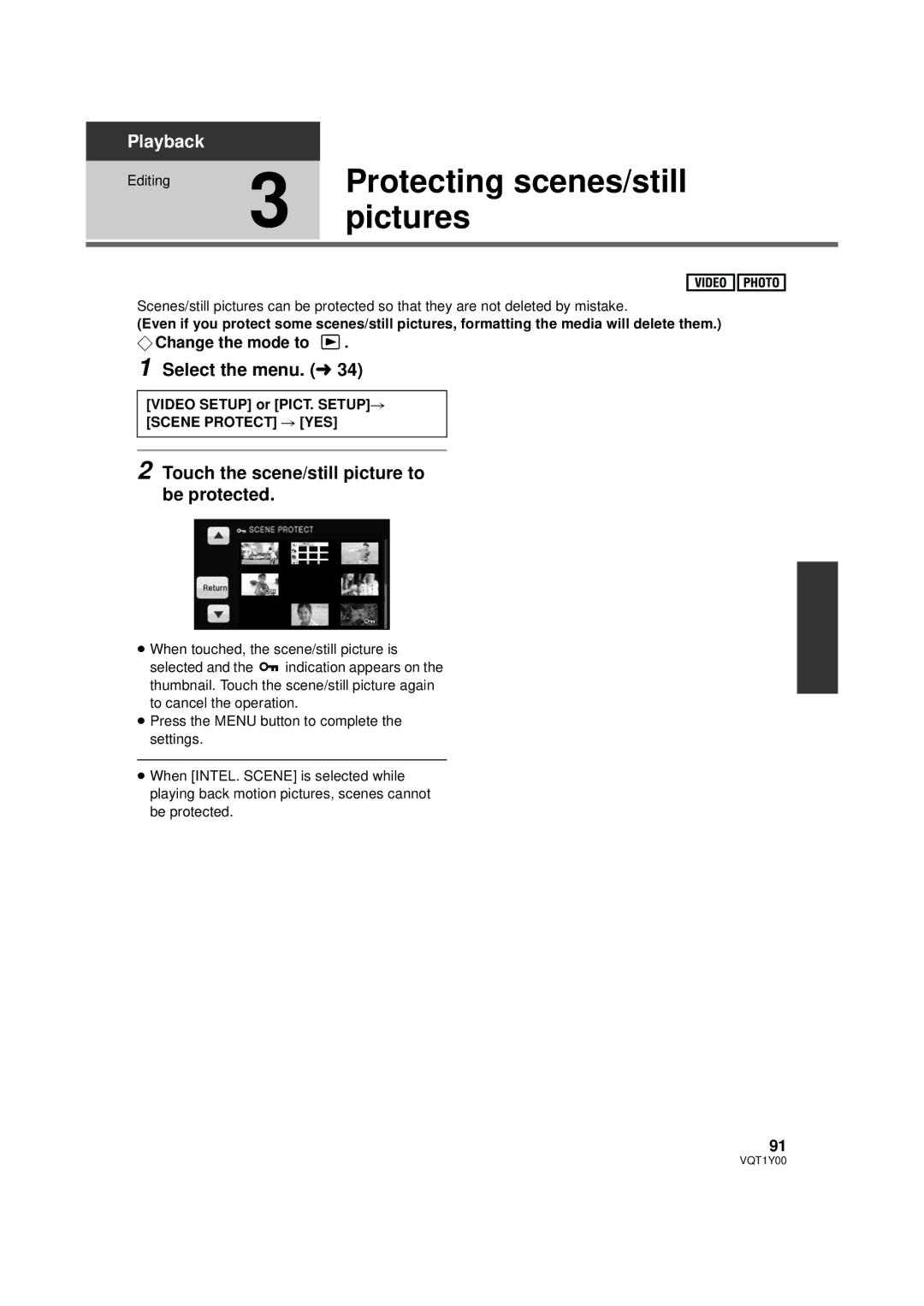 Panasonic HDC-SD20PC, HDC-TM20PC Protecting scenes/still, Pictures, Touch the scene/still picture to be protected 