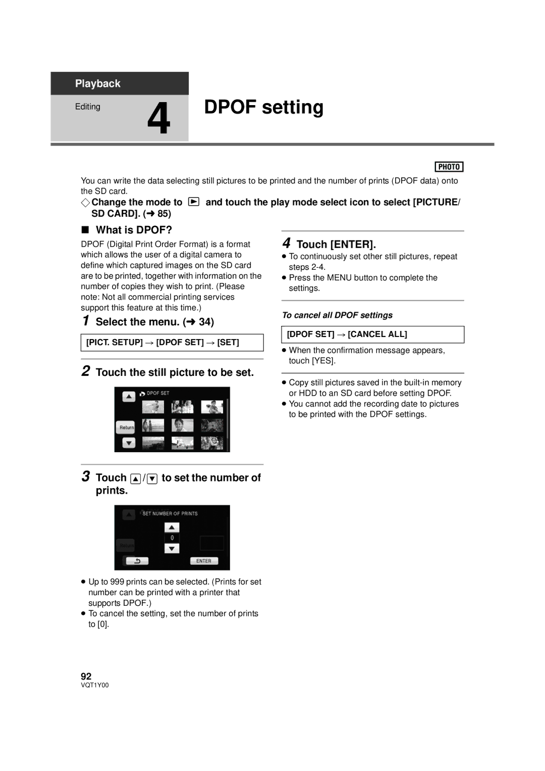 Panasonic HDC-TM20PC, HDC-SD20P, HDC-HS20P Dpof setting, What is DPOF?, PICT. Setup # Dpof SET # SET, Dpof SET # Cancel ALL 