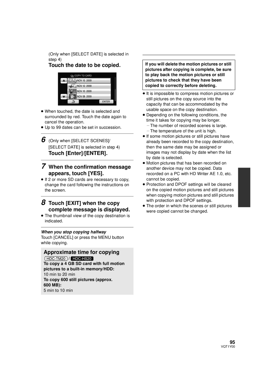 Panasonic HDC-HS20P, HDC-SD20P Touch the date to be copied, Touch Exit when the copy complete message is displayed 