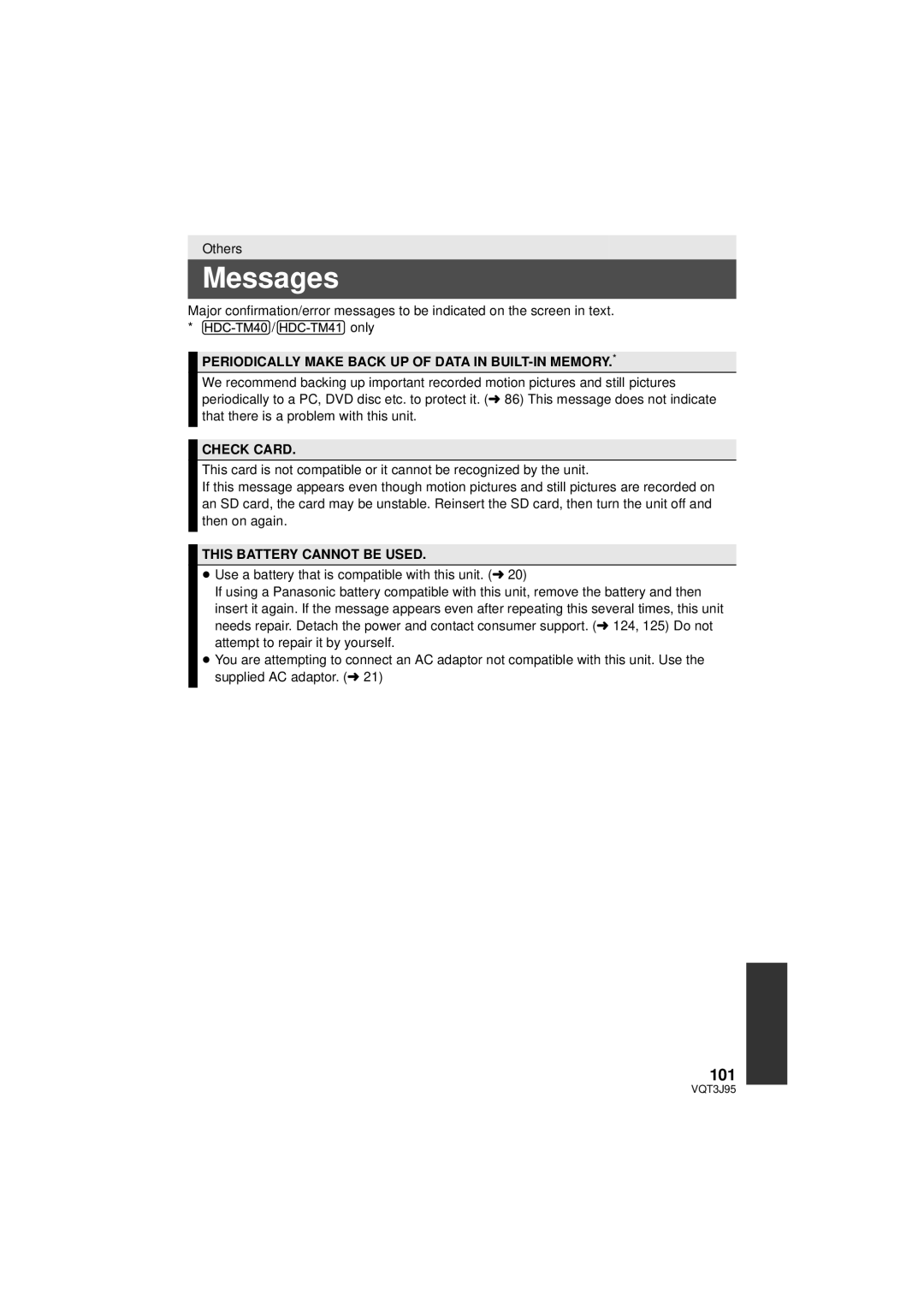 Panasonic HDC-TM40P/PC, HDC-SD40P/PC Messages, 101, Periodically Make Back UP of Data in BUILT-IN Memory, Check Card 