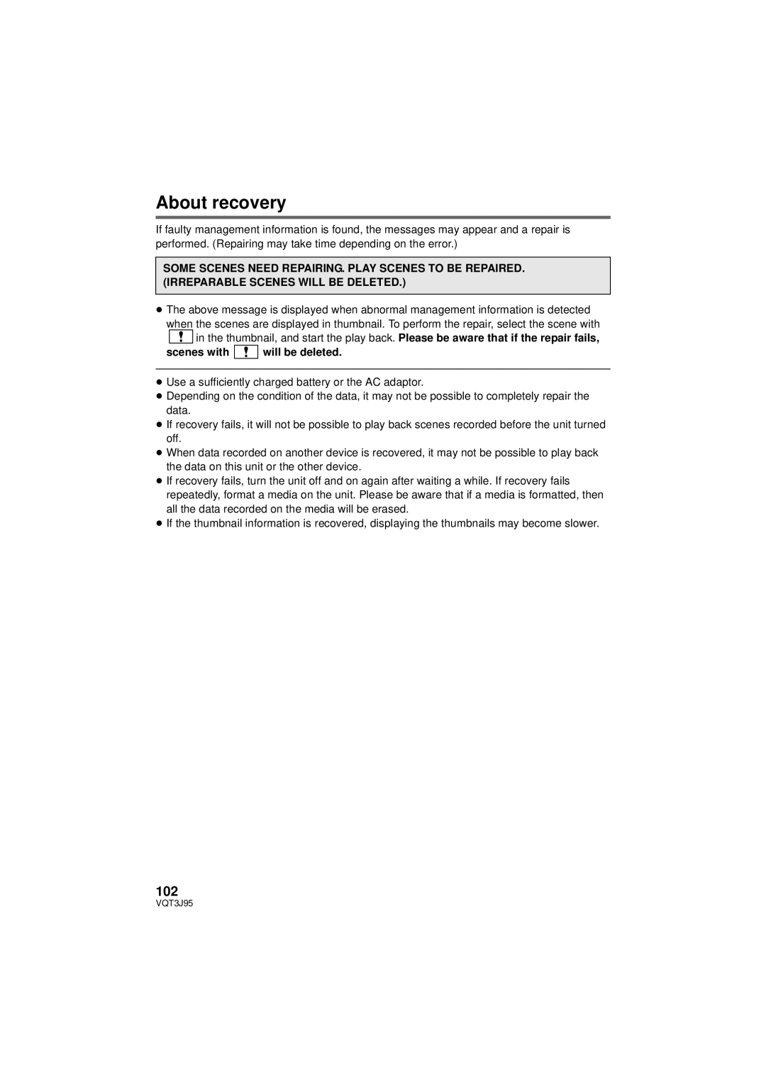 Panasonic HDC-SD40P/PC, HDC-TM41P/PC, HDC-TM40P/PC owner manual About recovery, 102, Scenes with will be deleted 