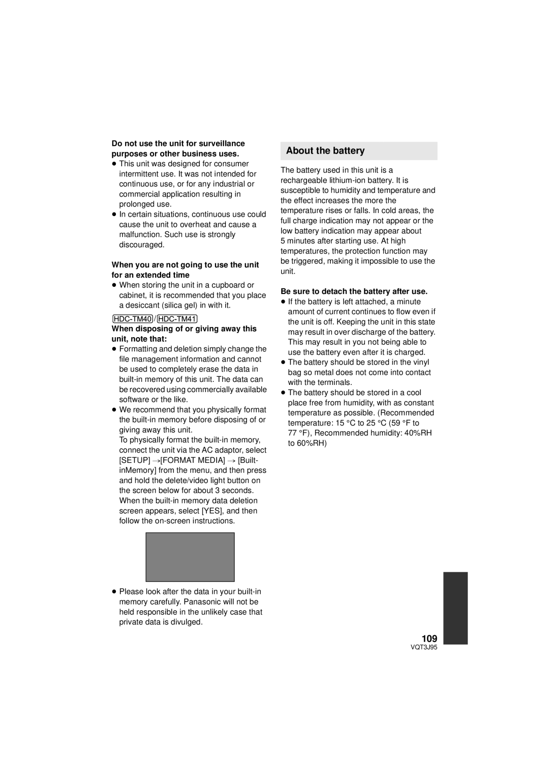 Panasonic HDC-TM41P/PC, HDC-SD40P/PC About the battery, 109, When you are not going to use the unit for an extended time 