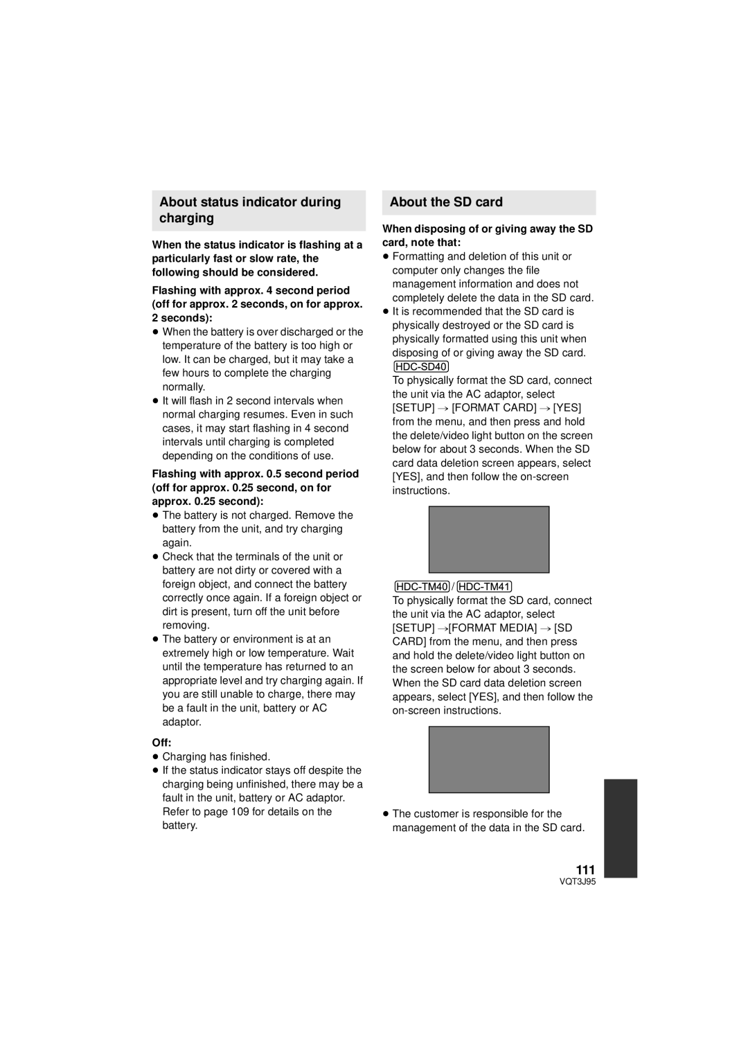 Panasonic HDC-SD40P/PC, HDC-TM41P/PC, HDC-TM40P/PC About status indicator during charging, About the SD card, 111, Seconds 