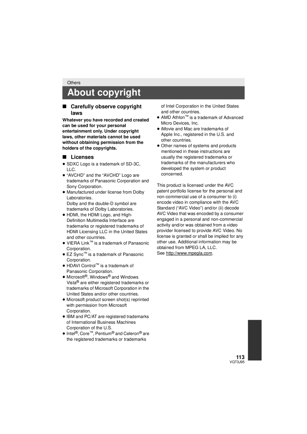 Panasonic HDC-TM40P/PC, HDC-SD40P/PC, HDC-TM41P/PC About copyright, Carefully observe copyright Laws, Licenses, 113 