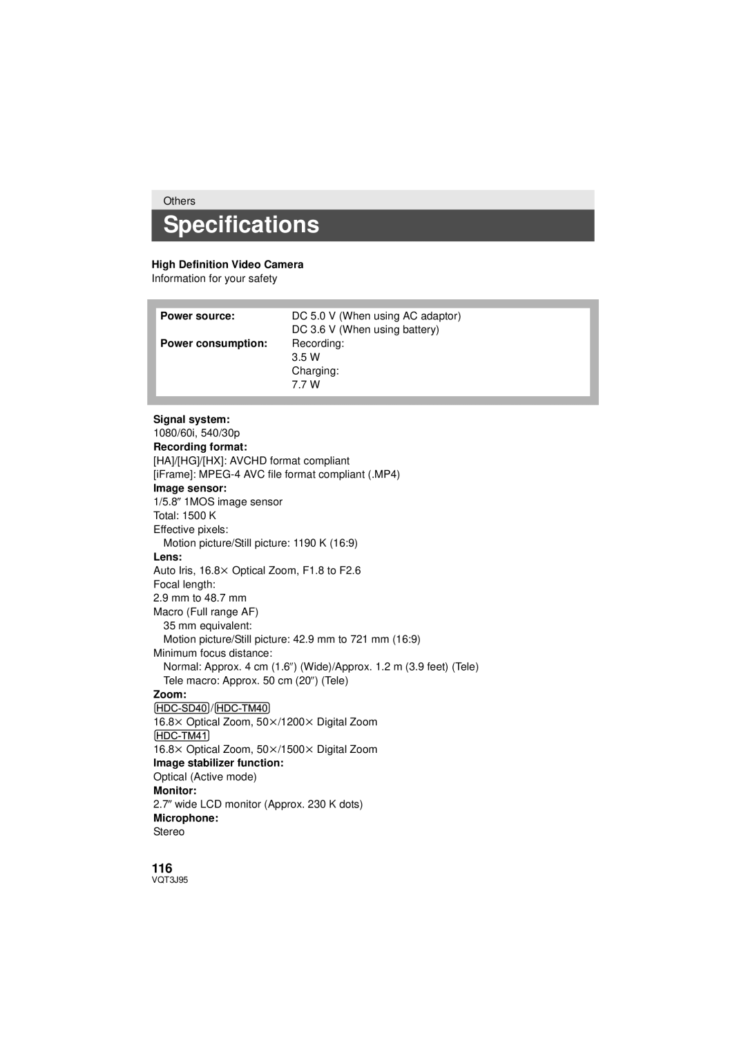 Panasonic HDC-TM40P/PC, HDC-SD40P/PC, HDC-TM41P/PC owner manual Specifications, 116 