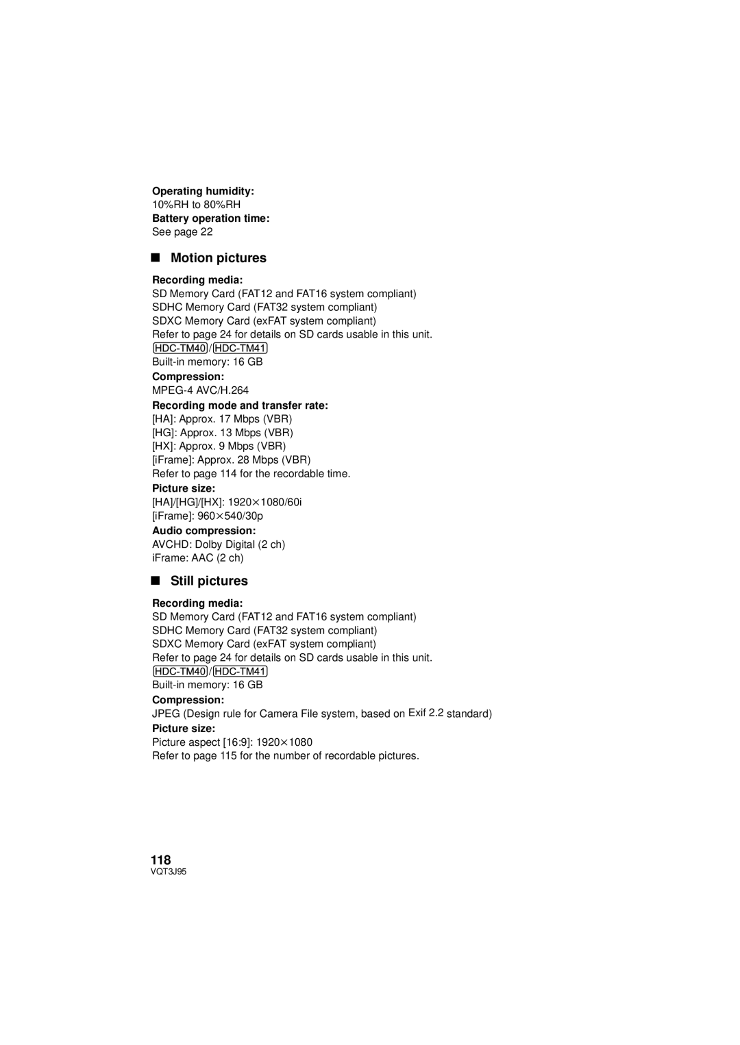 Panasonic HDC-TM41P/PC, HDC-SD40P/PC, HDC-TM40P/PC owner manual Motion pictures, Still pictures, 118 