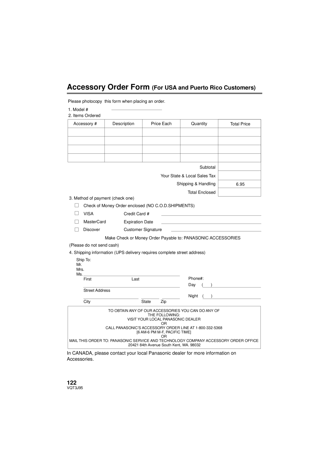 Panasonic HDC-TM40P/PC, HDC-SD40P/PC, HDC-TM41P/PC owner manual Accessory Order Form For USA and Puerto Rico Customers, 122 