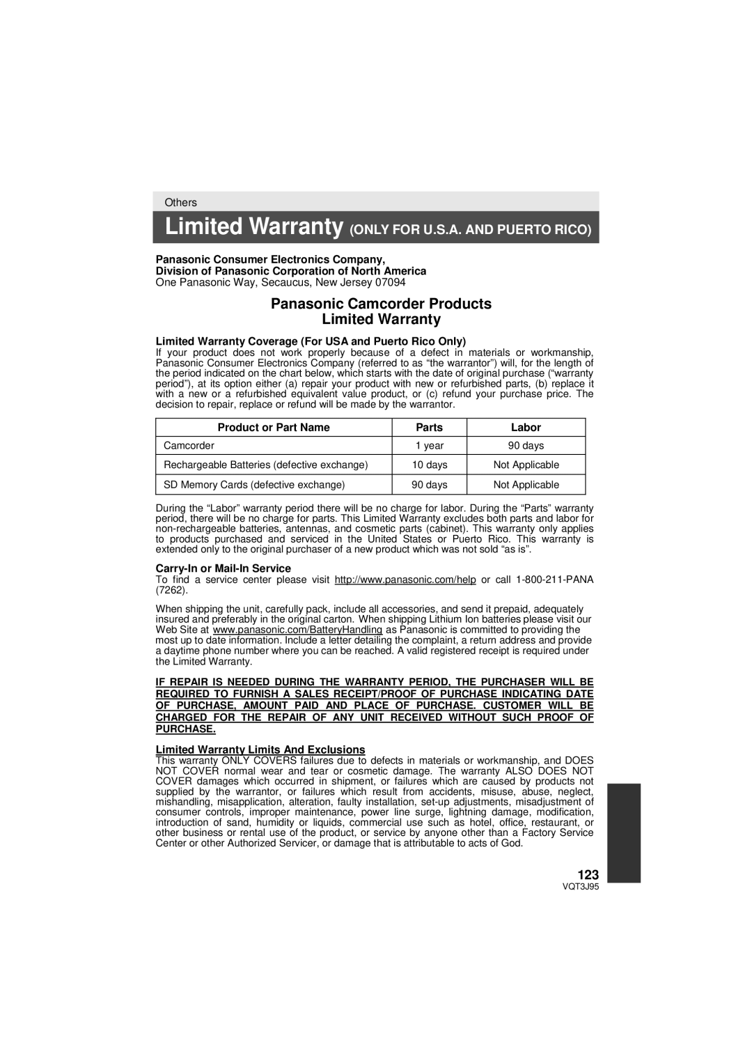 Panasonic HDC-SD40P/PC 123, Limited Warranty Coverage For USA and Puerto Rico Only, Product or Part Name Parts Labor 