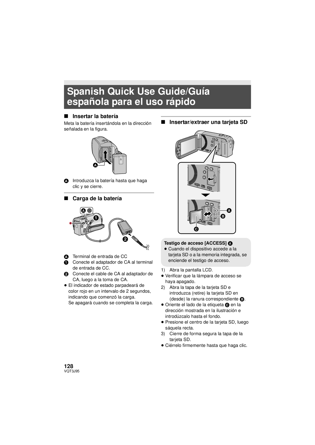 Panasonic HDC-TM40P/PC Spanish Quick Use Guide/Guía española para el uso rápido, Insertar la batería, Carga de la batería 