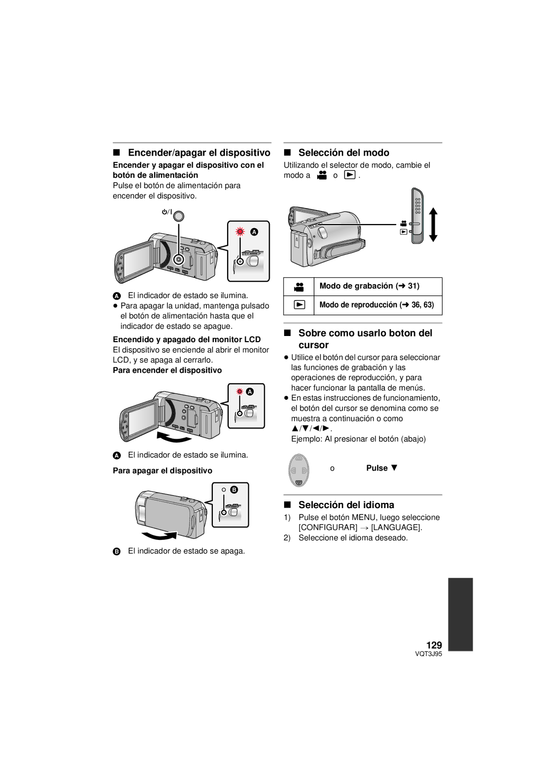 Panasonic HDC-SD40P/PC Encender/apagar el dispositivo, Selección del modo, Sobre como usarlo boton del Cursor, 129 