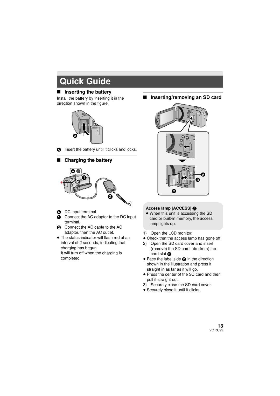 Panasonic HDC-TM41P/PC Quick Guide, Inserting the battery, Charging the battery Inserting/removing an SD card, Card slot B 