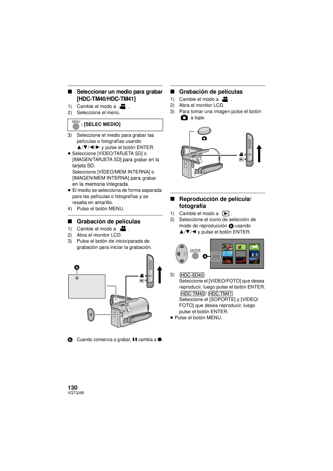 Panasonic HDC-TM41P/PC, HDC-SD40P/PC Grabación de películas, Reproducción de película/ fotografía, 130, Selec Medio 