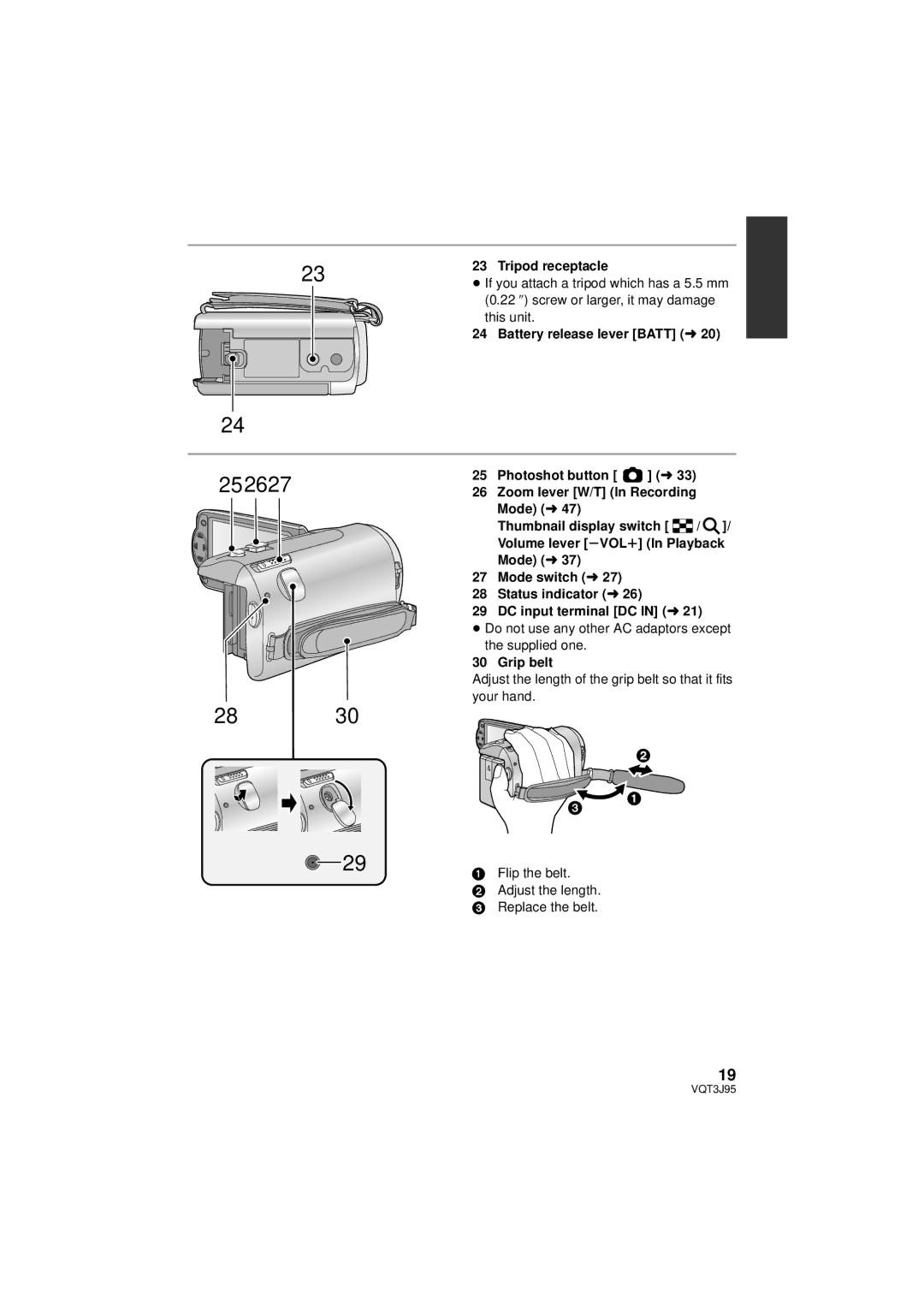 Panasonic HDC-TM41P/PC, HDC-SD40P/PC owner manual Tripod receptacle, Battery release lever Batt l, Grip belt, Flip the belt 