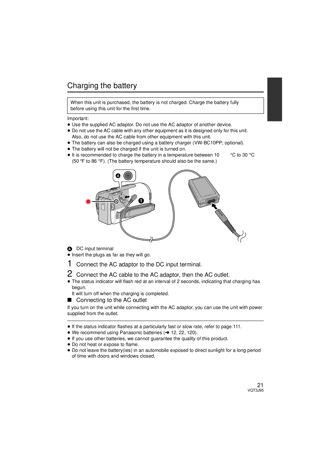 Panasonic HDC-SD40P/PC Charging the battery, Connect the AC adaptor to the DC input terminal, Connecting to the AC outlet 