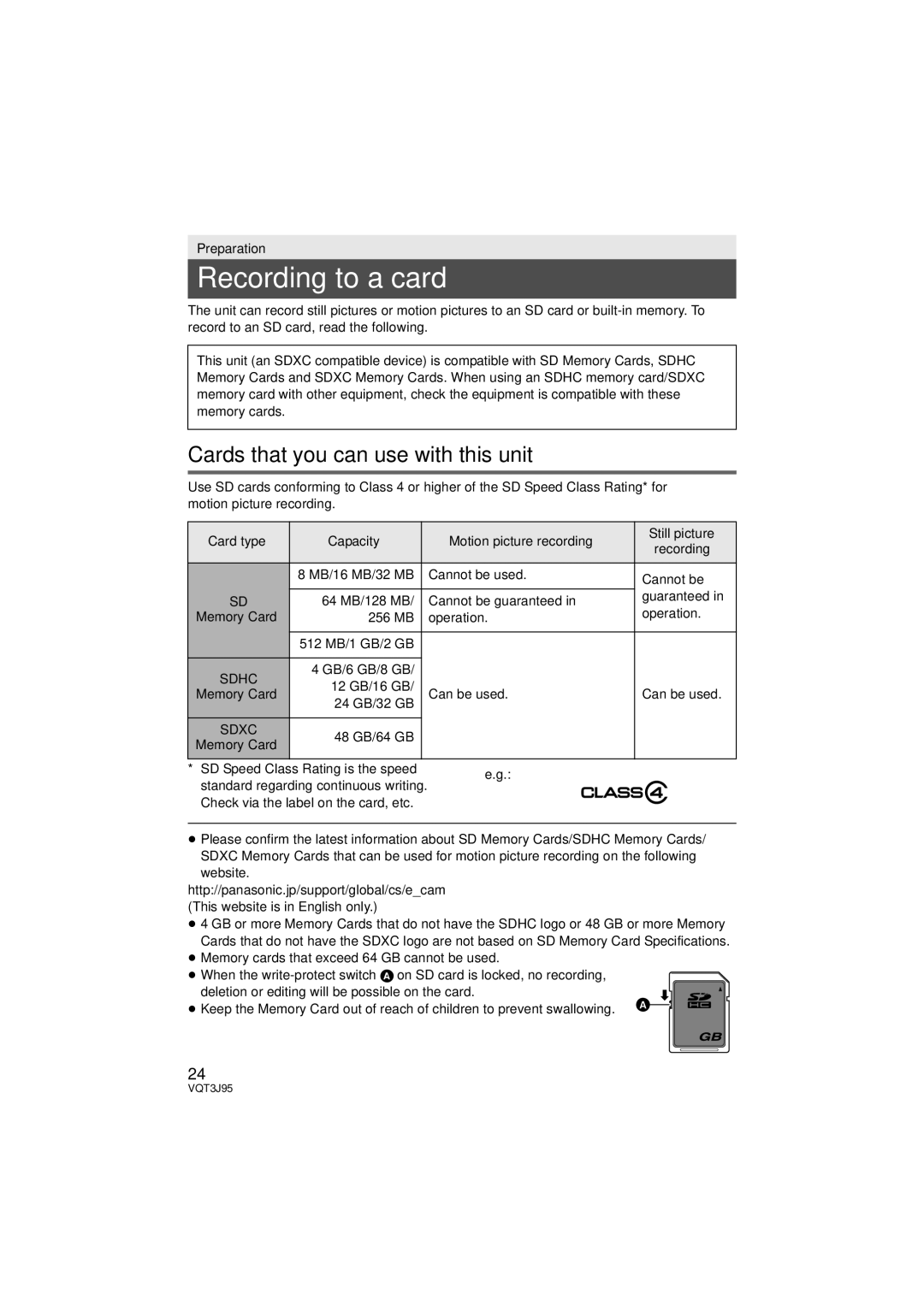 Panasonic HDC-SD40P/PC, HDC-TM41P/PC, HDC-TM40P/PC Recording to a card, Cards that you can use with this unit, Sdhc, Sdxc 