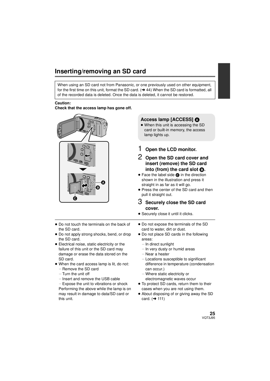 Panasonic HDC-TM41P/PC, HDC-SD40P/PC Inserting/removing an SD card, Access lamp Access a, Securely close the SD card cover 