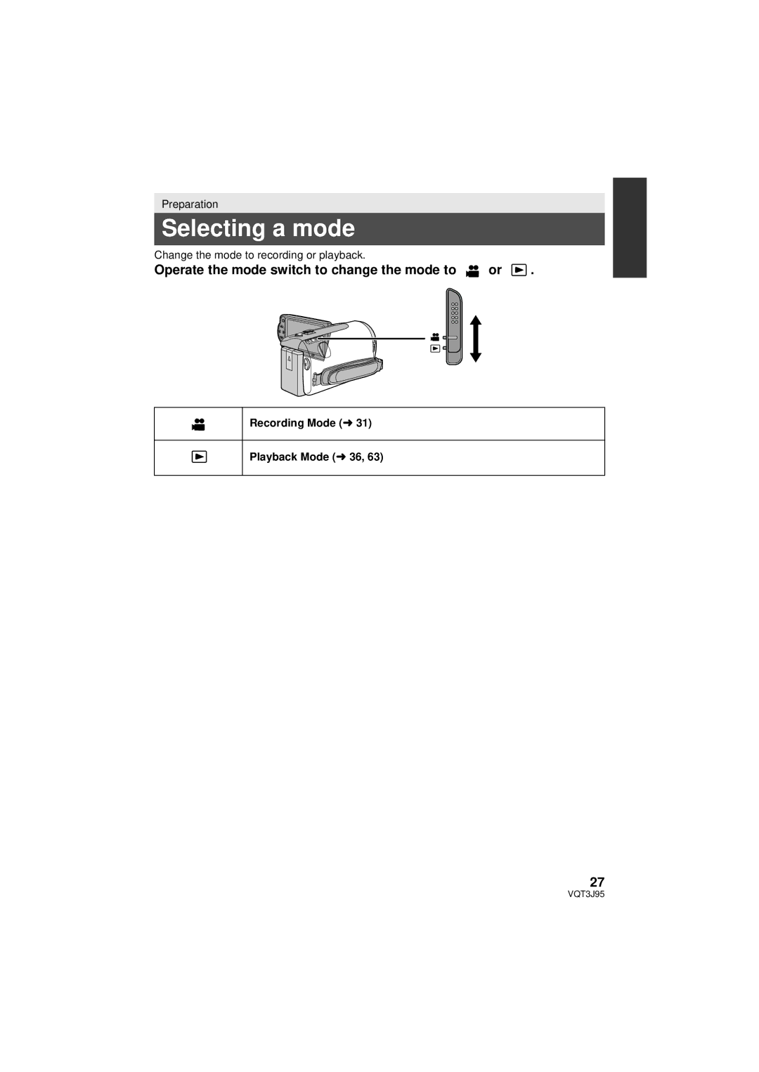 Panasonic HDC-SD40P/PC, HDC-TM41P/PC, HDC-TM40P/PC Selecting a mode, Operate the mode switch to change the mode to or 