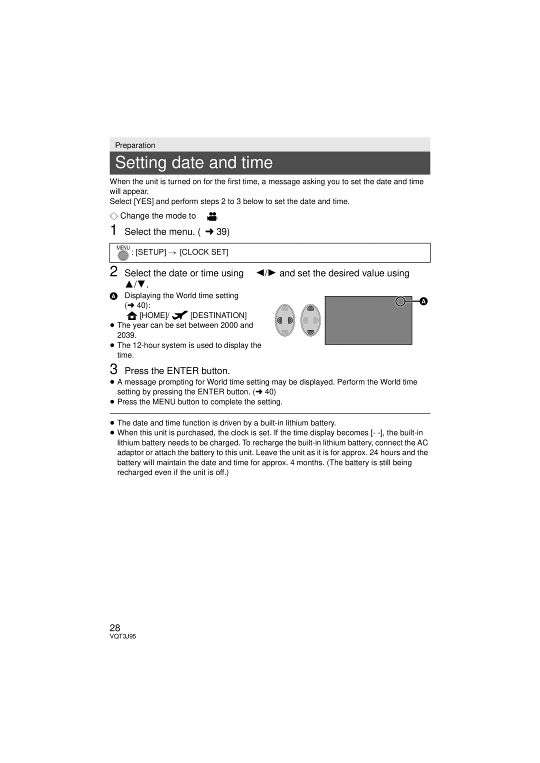 Panasonic HDC-TM41P/PC owner manual Setting date and time, Select the menu. l39, Press the Enter button, Setup # Clock SET 