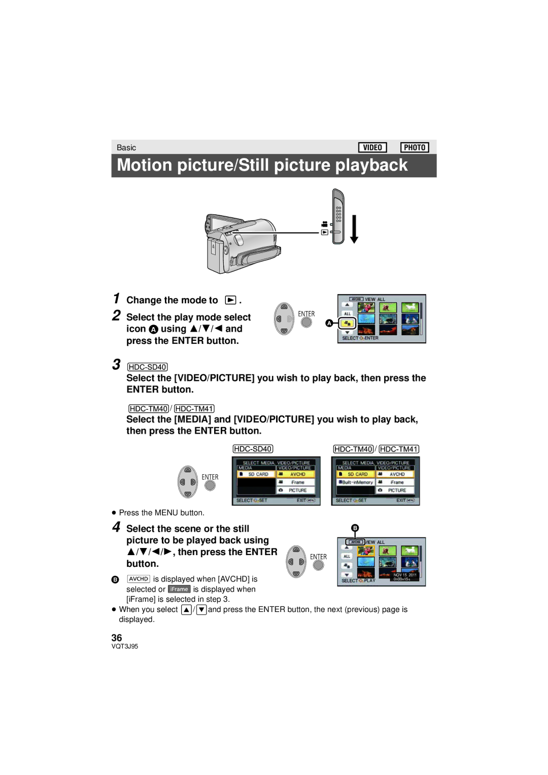 Panasonic HDC-SD40P/PC, HDC-TM41P/PC, HDC-TM40P/PC Motion picture/Still picture playback, Is displayed when Avchd is 